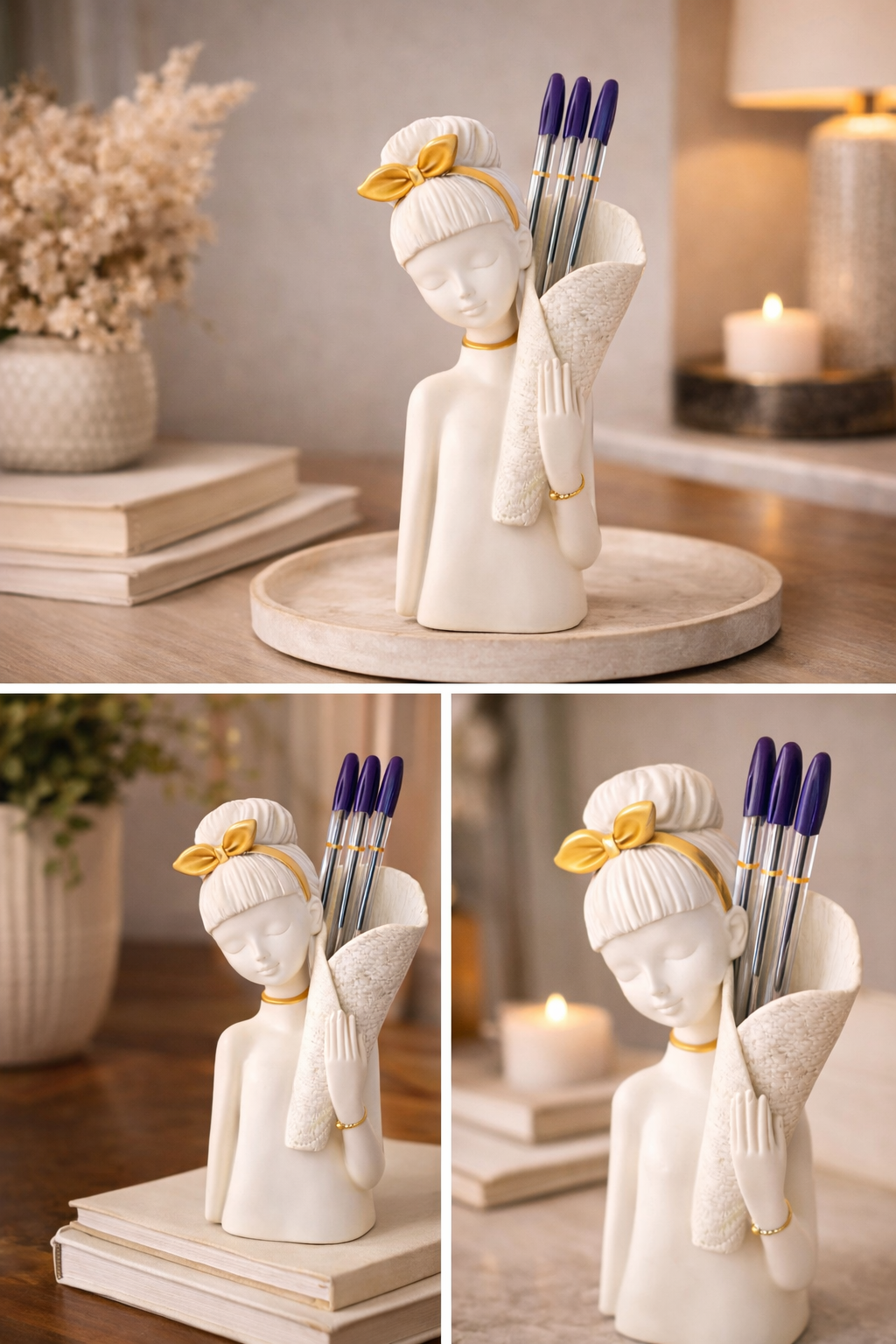 Basket Girl Pen Holder Statue 1 Elegant White Decorative Desk Organizer - Image 4